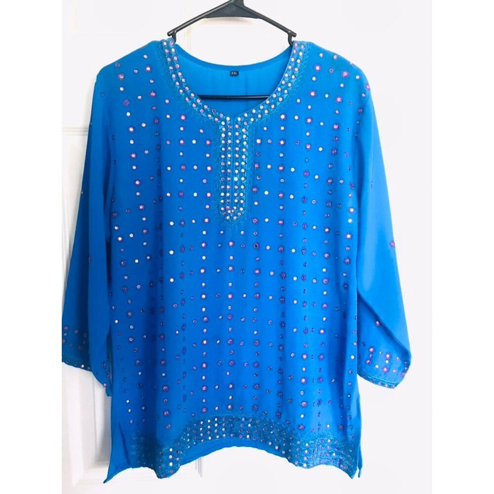 Women's Blue Embroidered Kurta Blouse Quarter Sleeve Round Neck Kurti Top Tunic